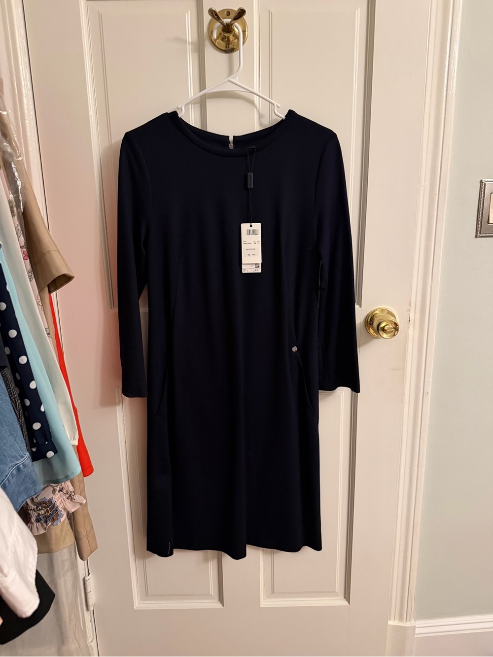 NWT Marc Cain Navy Long-Sleeve Shift Dress in Viscose Stretch